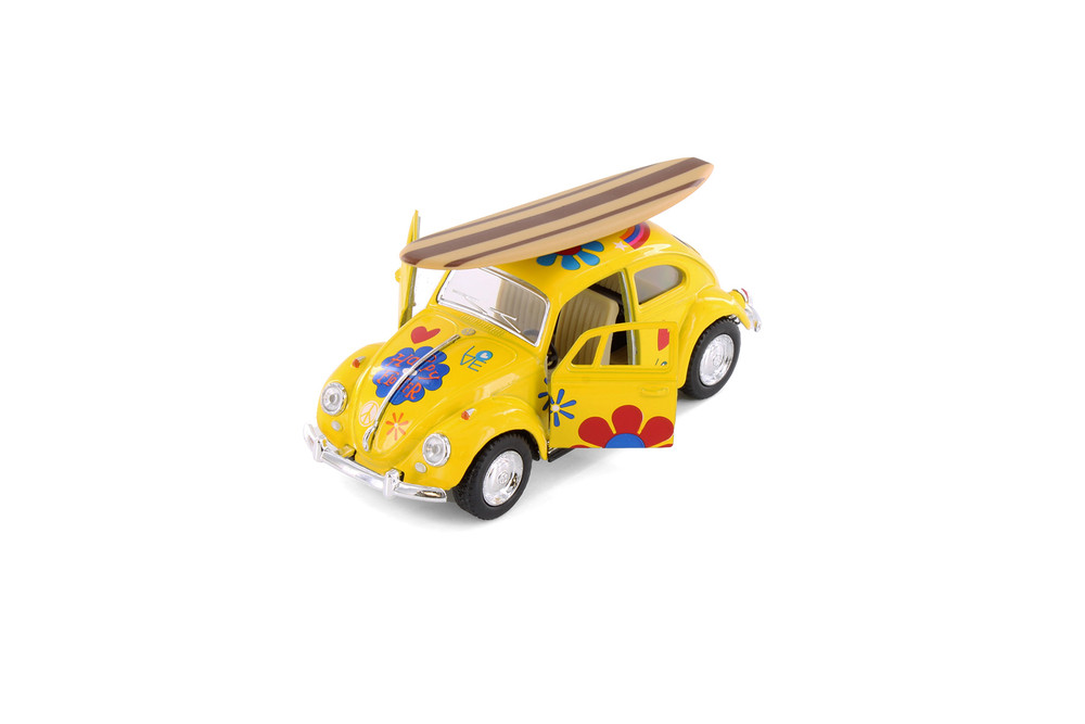 1967 Volkswagen Beetle w/ Decals & Surfboard, Yellow - Kinsmart