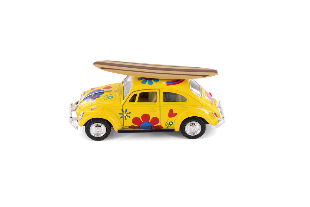 1967 Volkswagen Beetle w/ Decals & Surfboard, Yellow - Kinsmart
