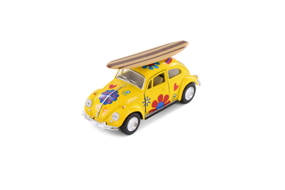 1967 Volkswagen Beetle w/ Decals & Surfboard, Yellow - Kinsmart 5057DFS1 - 1/32 scale Diecast Model Toy Car