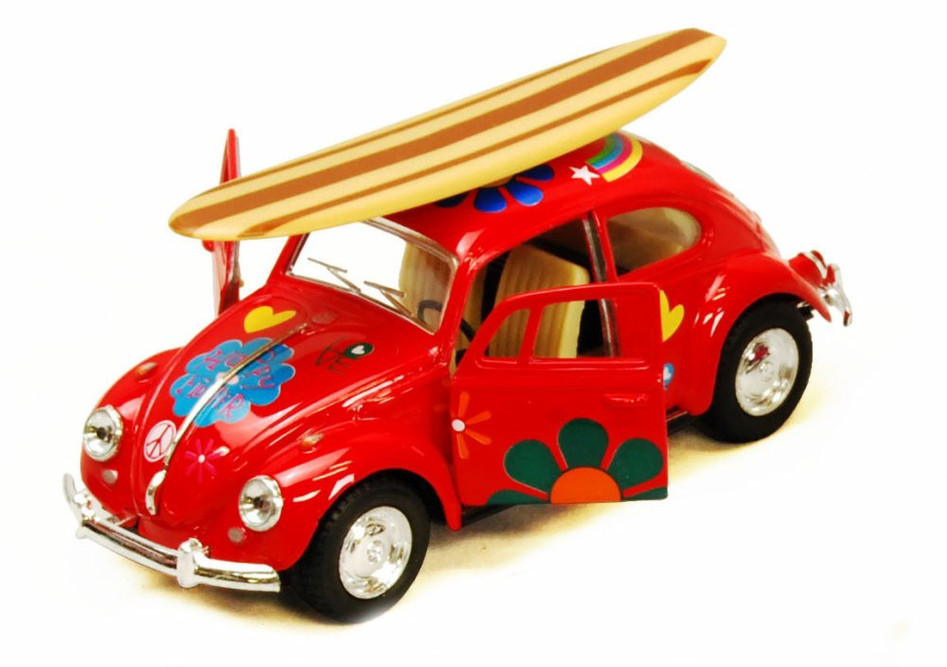 1967 Volkswagen Beetle w/ Decals & Surfboard, Red - Kinsmart 5057DFS1 - 1/32 scale Diecast Model Toy Car