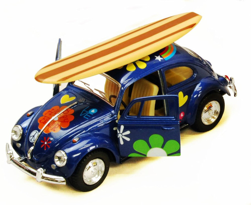 1967 Volkswagen Beetle w/ Decals & Surfboard, Blue - Kinsmart