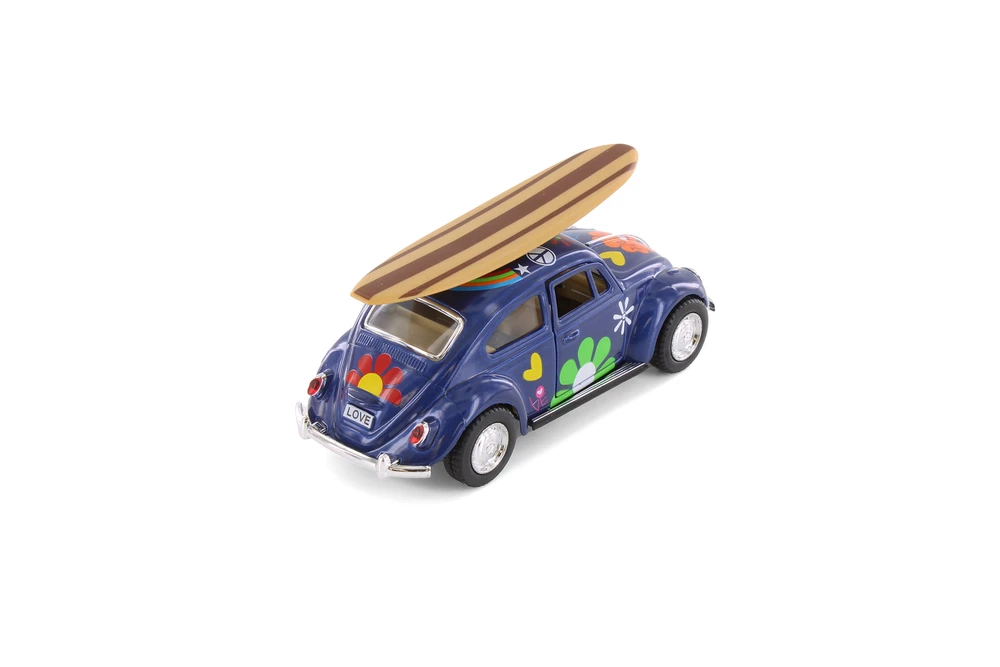 1967 Volkswagen Beetle w/ Decals & Surfboard, Blue - Kinsmart 5057DFS1 - 1/32 scale Diecast Model Toy Car