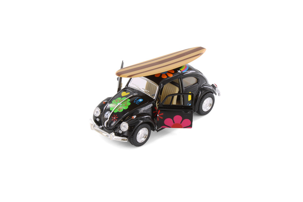 1967 Volkswagen Beetle w/ Decals & Surfboard, Black - Kinsmart 5057DFS1 - 1/32 scale Diecast Model Toy Car