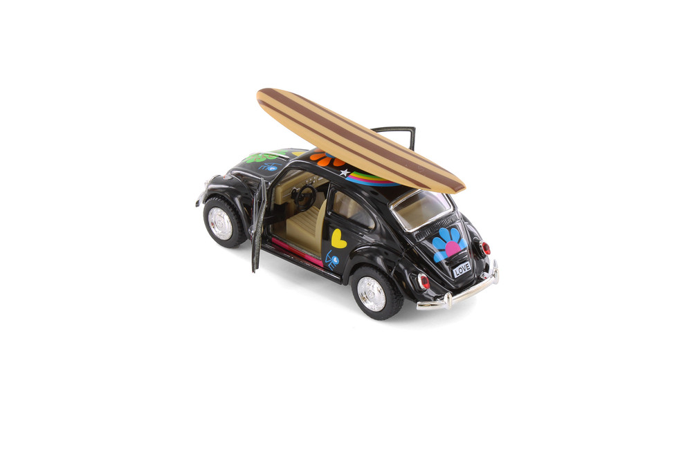 1967 Volkswagen Beetle w/ Decals & Surfboard, Black - Kinsmart 5057DFS1 - 1/32 scale Diecast Model Toy Car