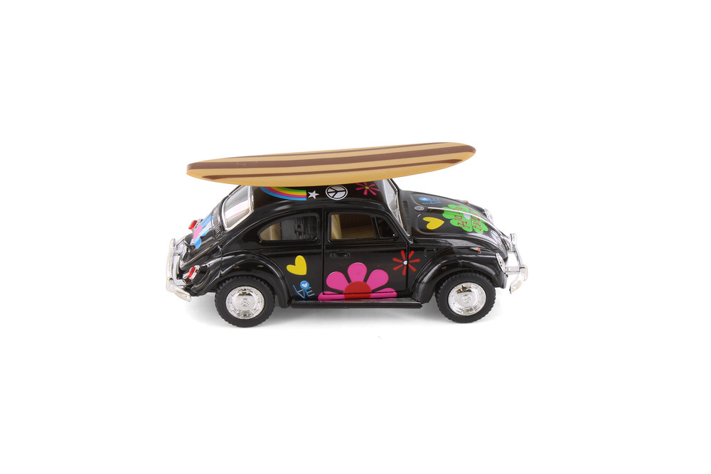 1967 Volkswagen Beetle w/ Decals & Surfboard, Black - Kinsmart 5057DFS1 - 1/32 scale Diecast Model Toy Car