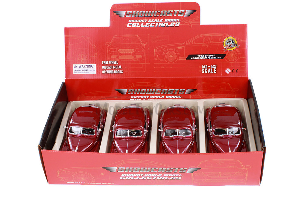 1948 Chevy Aerosedan Fleetline Hardtop, Metallic Red - Showcasts 77266RD - Set of 4 1/24 Scale Cars