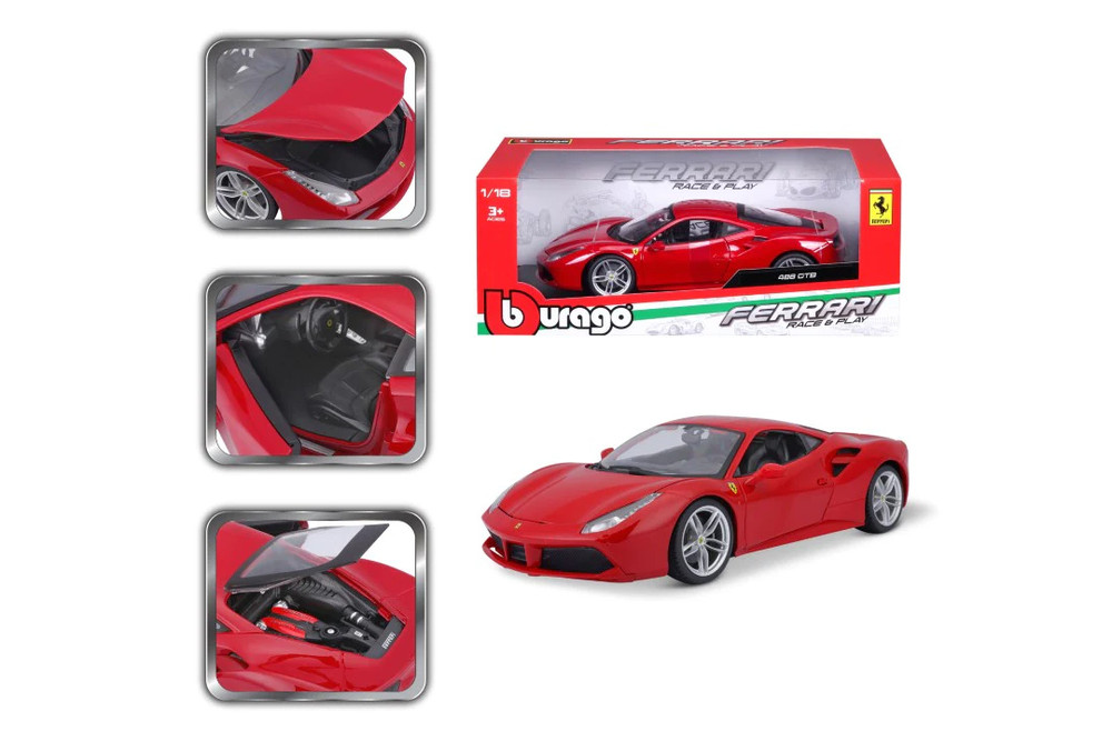 Ferrari 488 GTB Hardtop, Red - Bburago 16008R - 1/18 Scale Diecast Model Toy Car