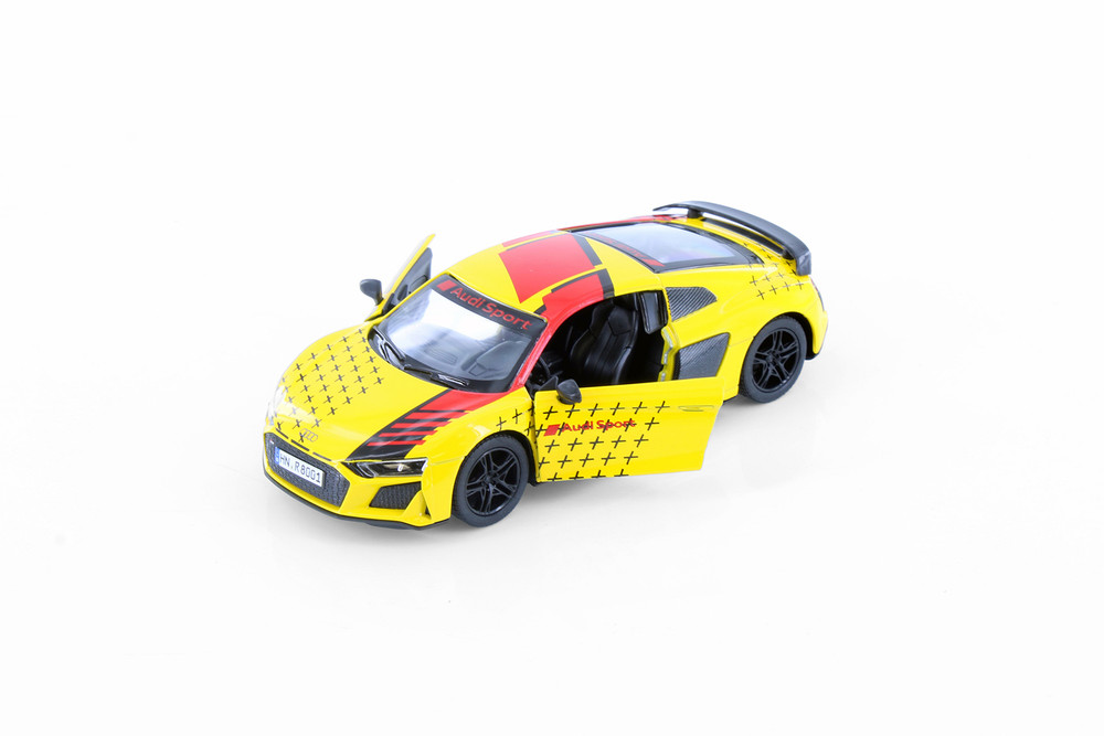 2020 Audi R8 Coupe Livery Edition, Yellow w/Red Stripe - Kinsmart 5422DF - 1/36 Scale Diecast Car