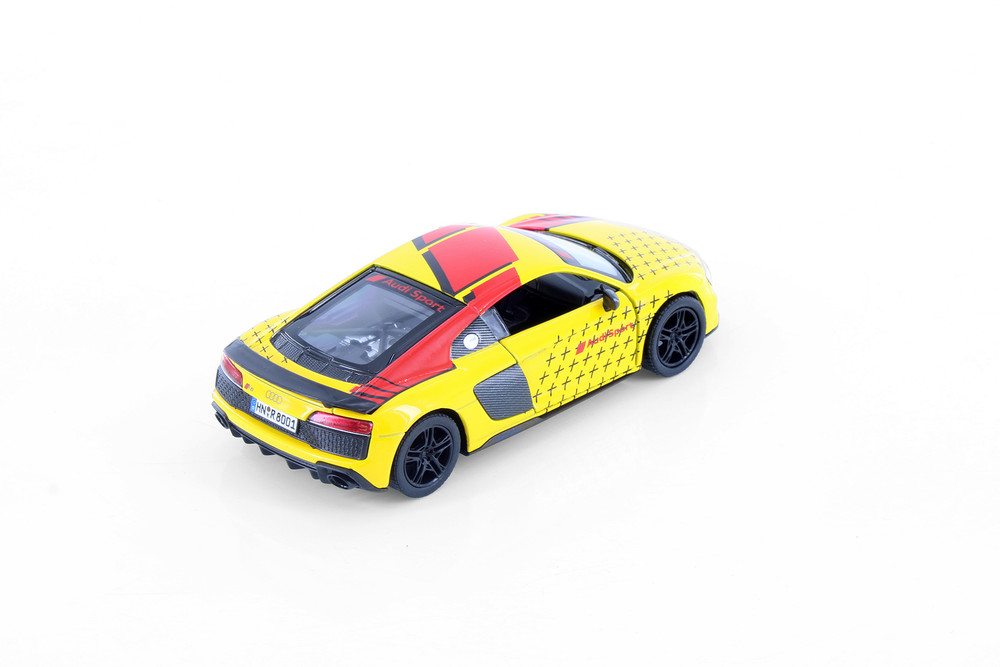 2020 Audi R8 Coupe Livery Edition, Yellow w/Red Stripe - Kinsmart 5422DF - 1/36 Scale Diecast Car