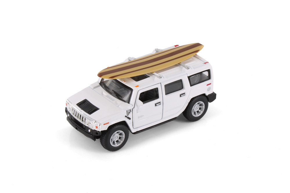 2008 Hummer H2 SUV w/Surfboard, White - Kinsmart 5337DS1 - 1/40 Scale Diecast Model Toy Car