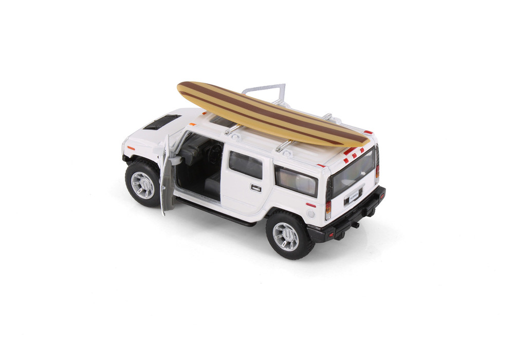 2008 Hummer H2 SUV w/Surfboard, White - Kinsmart 5337DS1 - 1/40 Scale Diecast Model Toy Car