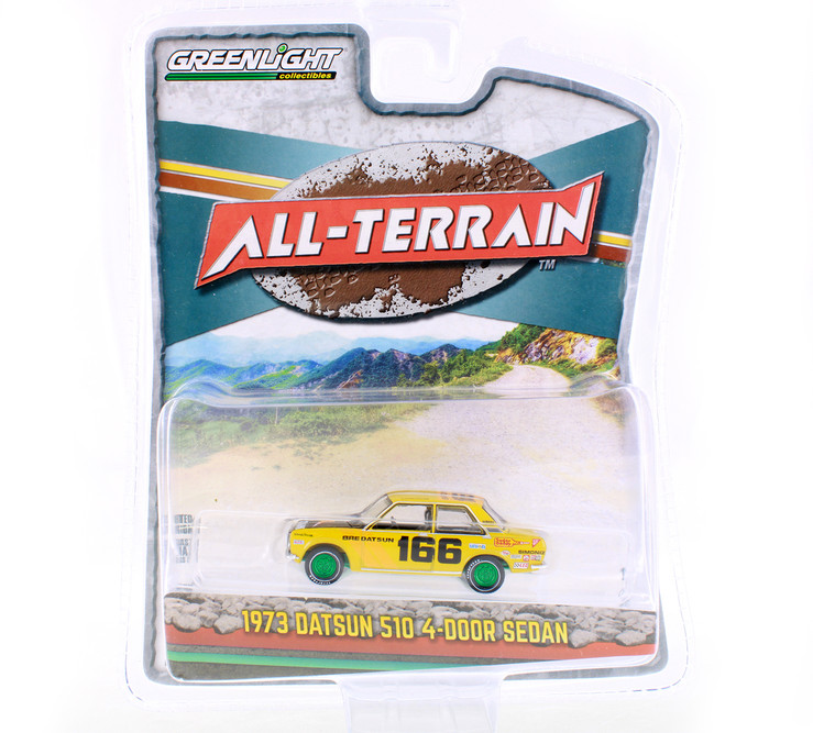 CHASE CAR - 1973 Datsun 510 4-Door Sedan #166 "BRE" , Yellow - Greenlight 35230B - 1/64 scale Diecast Car
