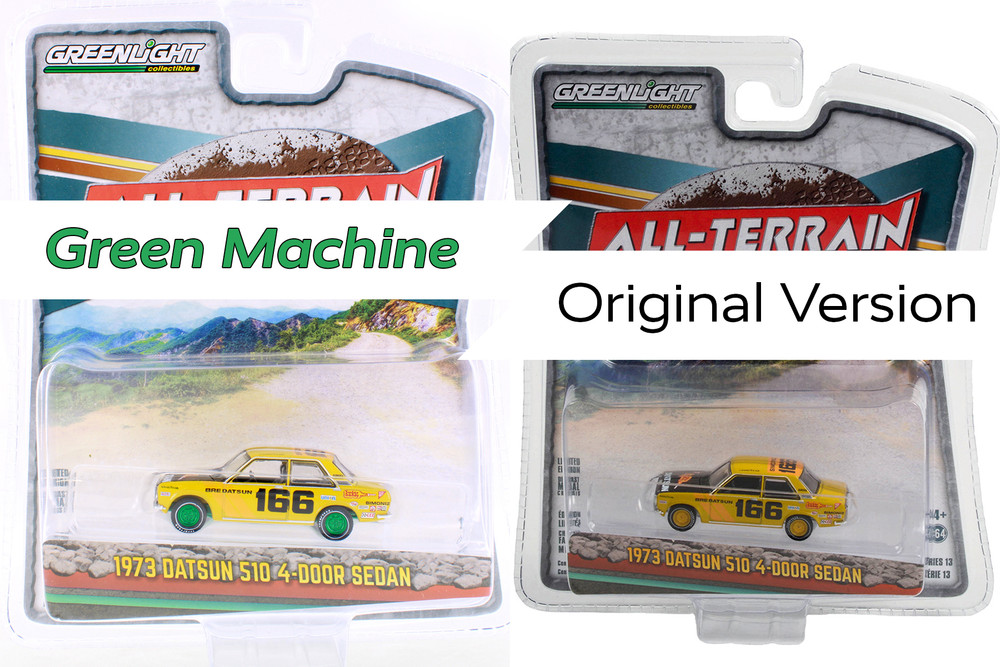 CHASE CAR - 1973 Datsun 510 4-Door Sedan #166 "BRE" , Yellow - Greenlight 35230B - 1/64 scale Diecast Car
