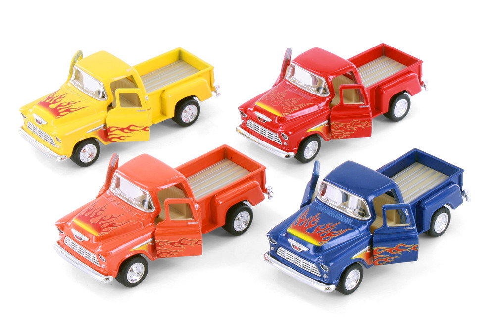 Box of 12 1955 Chevy Stepside Pickup Truck w/Flames, Asstd - Kinsmart 3002DF - 1/54 Scale Cars