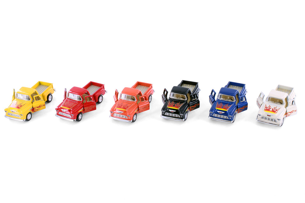 Box of 12 1955 Chevy Stepside Pickup Truck w/Flames, Asstd - Kinsmart 3002DF - 1/54 Scale Cars