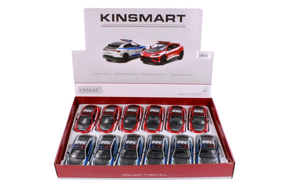 Box of 12 Lamborghini Urus Performante Police/Firefighter Asstd, Kinsmart 5447DPR - 1/40 Scale Cars