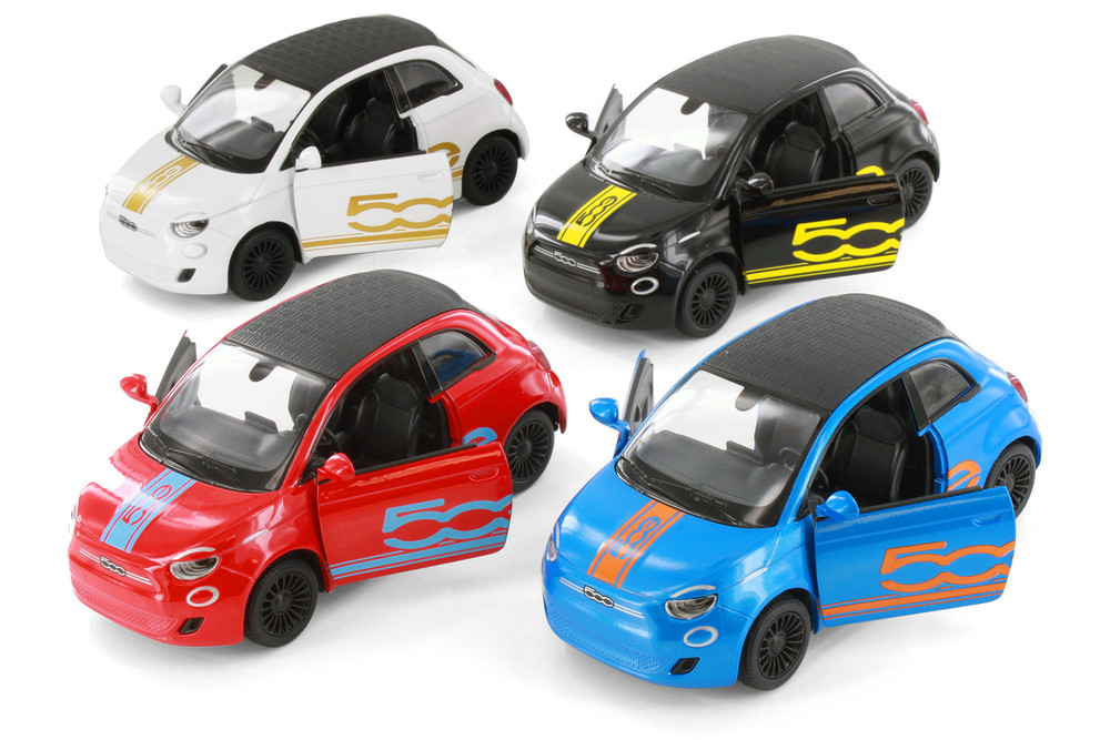 Box of 12 Fiat 500e Livery Edition, Asstd - Kinsmart 5440DF - 1/28 Scale Diecast Model Toy Cars