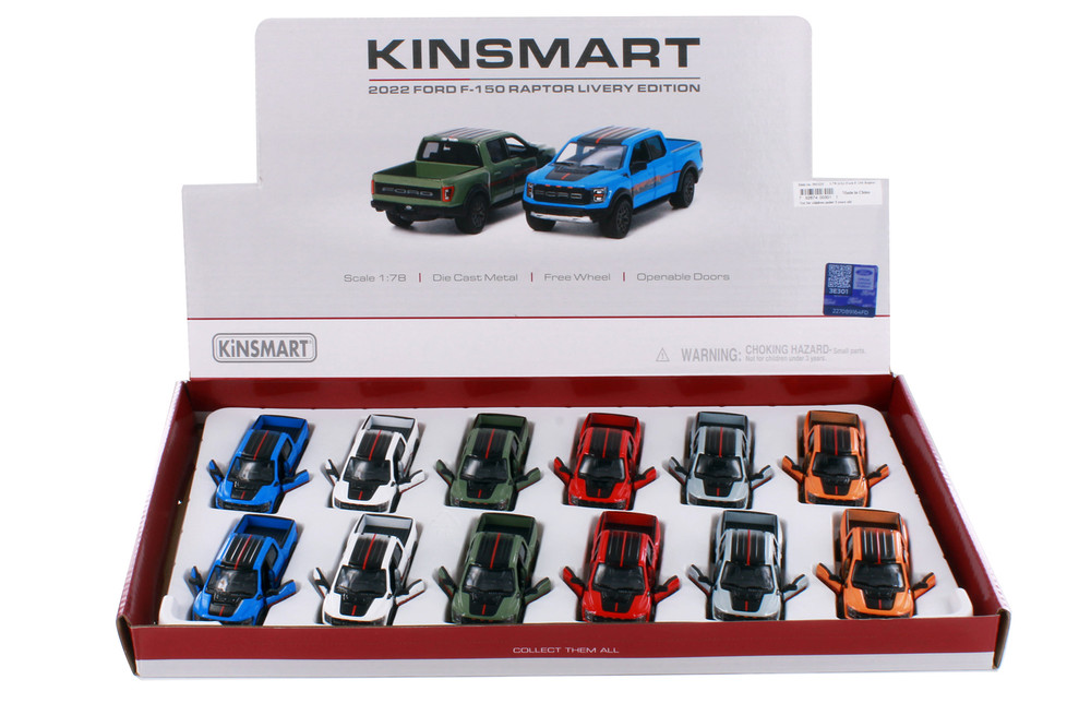 Box of 12 2022 Ford F-150 Raptor Pickup Truck, Asstd - Kinsmart 3001DF - 1/78 Scale Diecast Cars