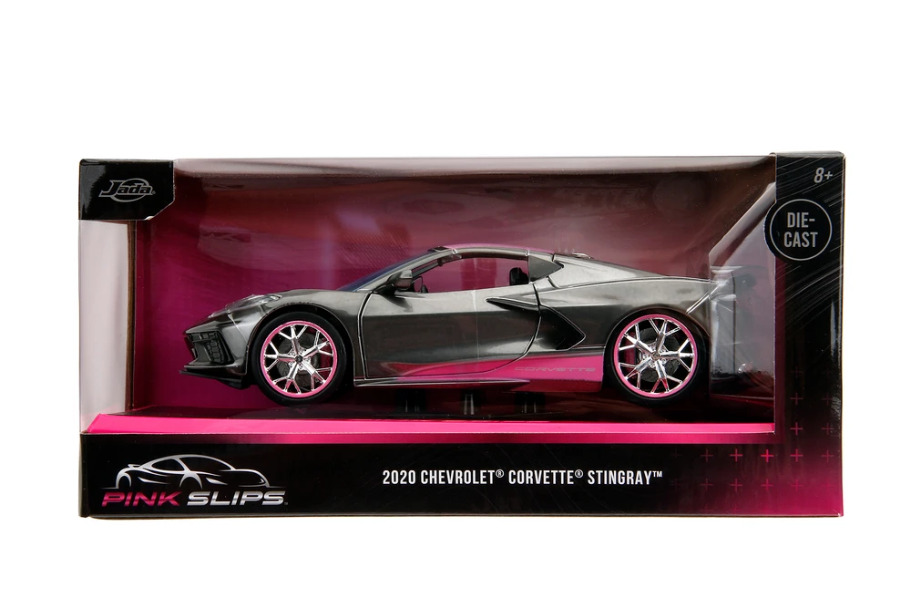 2020 Chevy Corvette Stingray w/ Base, Metallic Gray/Pink - Jada Toys 34848 - 1/24 Scale Diecast Car