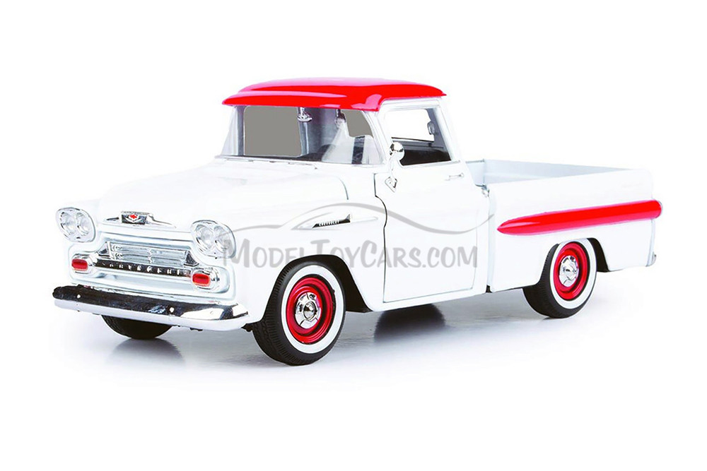 1958 Chevy Apache Fleetside Pickup Truck, White/Red, Showcasts 77311W, 1/24 Scale Diecast Model Car