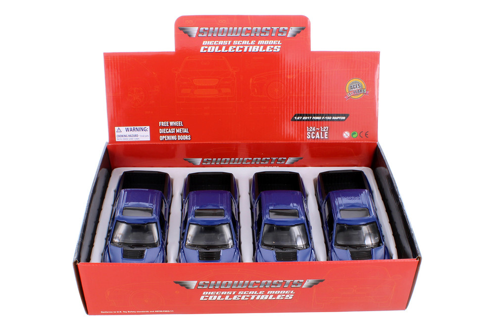 Box of 4 2017 Ford F-150 Raptor Pickup, Blue - Showcasts 71344BUD - 1/27 Scale Diecast Model Cars