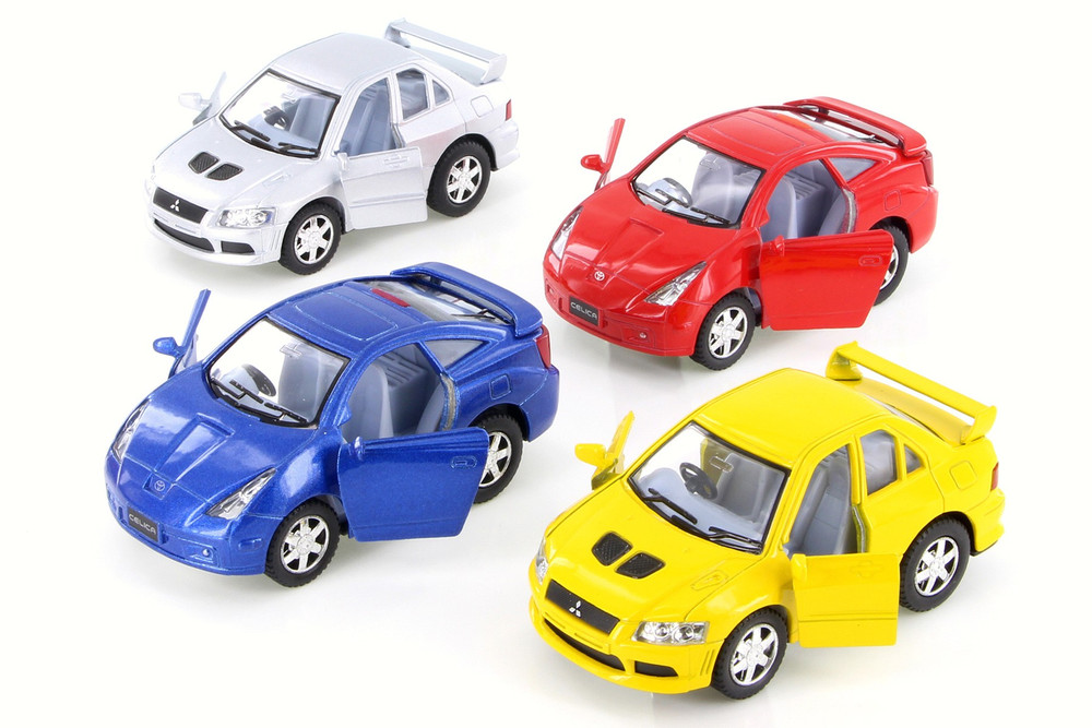 Box of 12 Mitsubishi Lancer Evolution VII & Toyota Celica, Asstd - Kinsmart 4010/11D - 4" Scale Diecast Cars