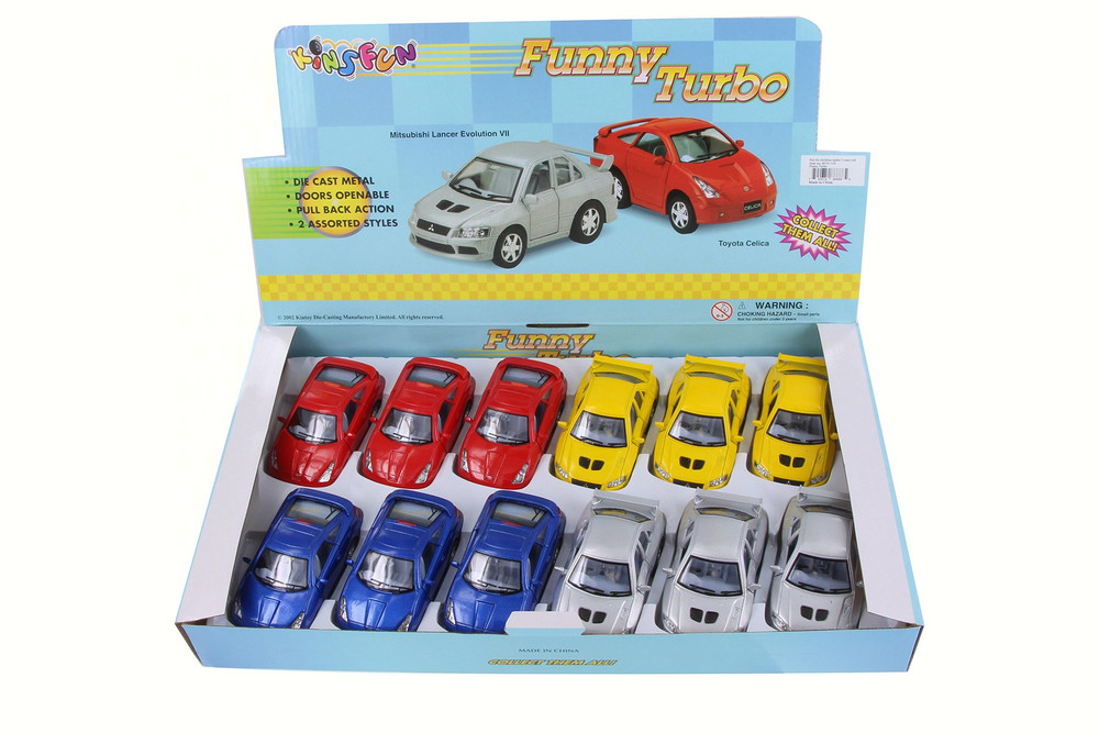 Box of 12 Mitsubishi Lancer Evolution VII & Toyota Celica, Asstd - Kinsmart 4010/11D - 4" Scale Diecast Cars