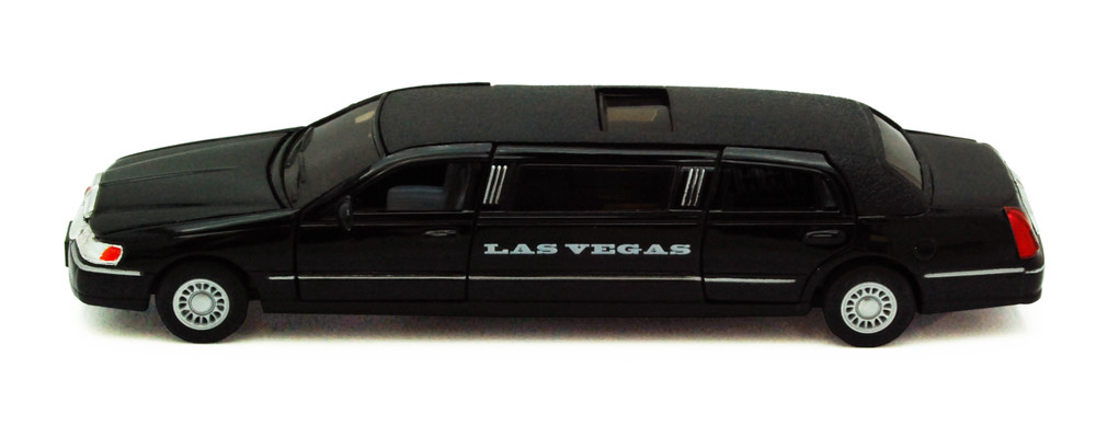 Box of 6 Las Vegas 1999 Lincoln Town Car Stretch Limousine, Black, 7001KLV, 1/38 Scale Diecast Cars