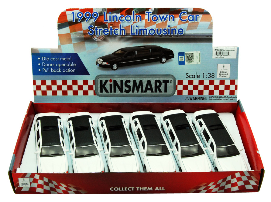 Box of 6 NY 1999 Lincoln Town Car Stretch Limousine, White, 7001WNY - 1/38 Scale Diecast Model Cars