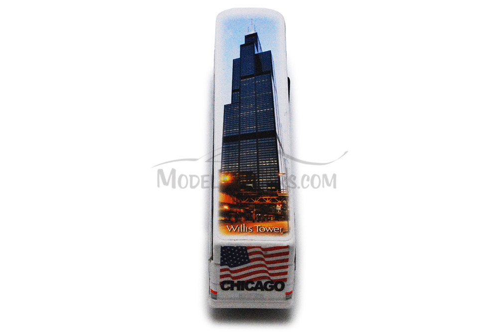 Box of 12 Chicago Coach Bus w/ Willis Tower, Soldier Field, Navy Pier, White, 9803CG, 6" Scale Cars