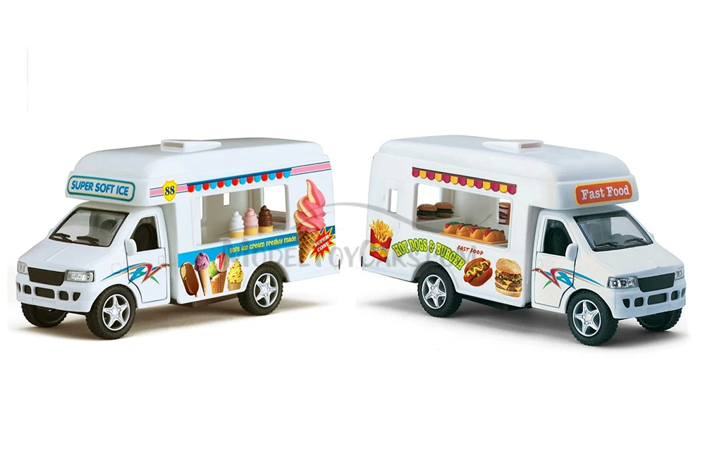 Box of 12 Ice Cream & Fast Food Truck, White - Kinsmart 5253/57D - 5" Scale Diecast Model Cars