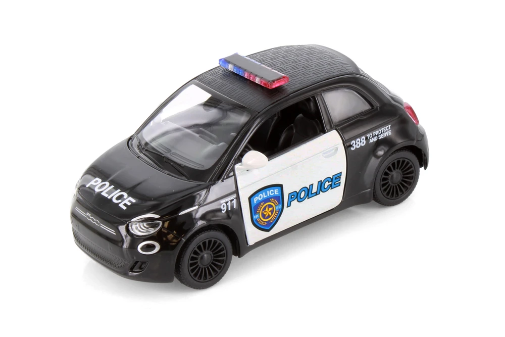 Box of 12 Fiat 500e Police Edition, Black/White, Kinsmart 5440DP, 1/28 Scale Diecast Model Toy Cars