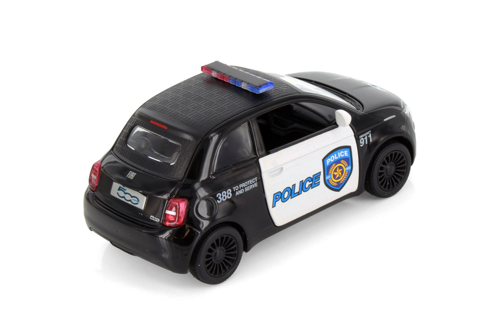 Box of 12 Fiat 500e Police Edition, Black/White, Kinsmart 5440DP, 1/28 Scale Diecast Model Toy Cars