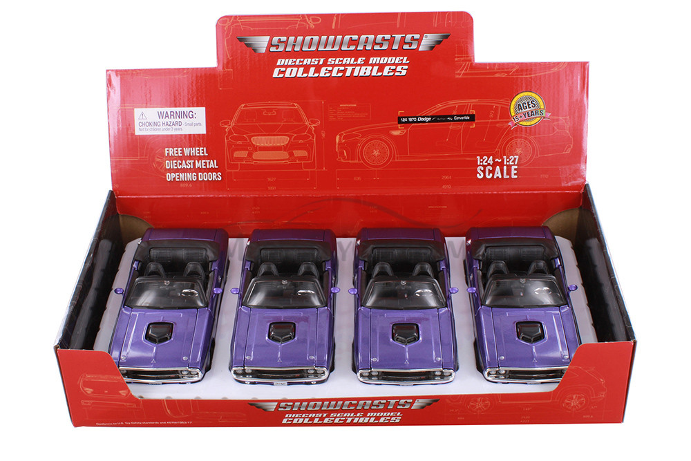Box of 4 1970 Dodge Challenger R/T Convertible, Purple, Showcasts 37264 - 1/24 Scale Model Toy Cars