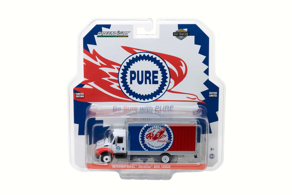 2013 International Durastar Box Truck Pure Oil Co, Blue/Red - Greenlight 33110C/48 - 1/64 Scale Car