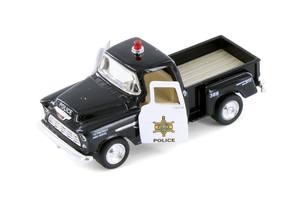 1955 Chevy Stepside Pickup Truck - Police Edition, Black - Kinsmart 3002DP - 1/54 Scale Model Car