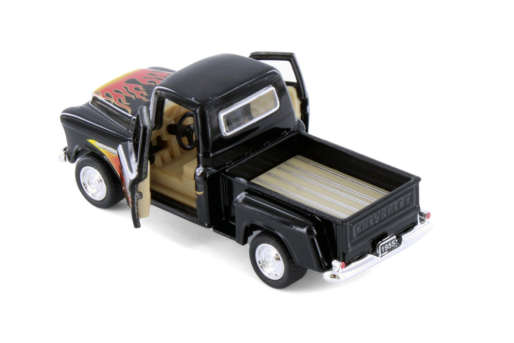 1955 Chevy Stepside Pickup Truck w/Flames, Black - Kinsmart 3002DF - 1/54 Scale Diecast Model Car