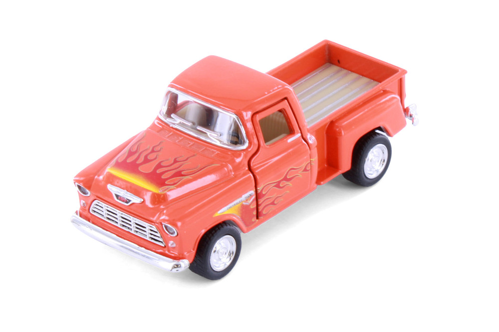1955 Chevy Stepside Pickup Truck w/Flames, Orange - Kinsmart 3002DF - 1/54 Scale Diecast Model Car