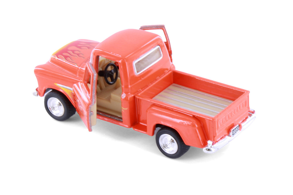 1955 Chevy Stepside Pickup Truck w/Flames, Orange - Kinsmart 3002DF - 1/54 Scale Diecast Model Car