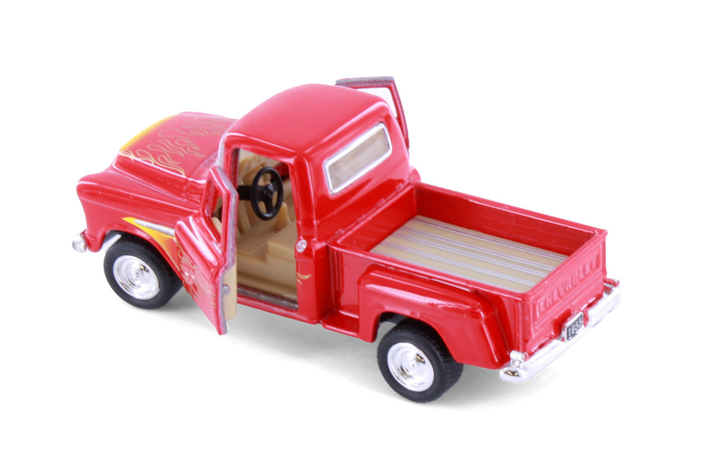 1955 Chevy Stepside Pickup Truck w/Flames, Red - Kinsmart 3002DF - 1/54 Scale Diecast Model Toy Car