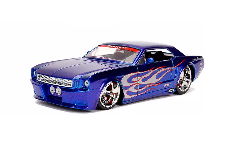 1965 Ford Mustang #5 "L. John's Racing", Candy Blue w/Flames - Jada Toys 30527 - 1/24 Scale Diecast Model Toy Car