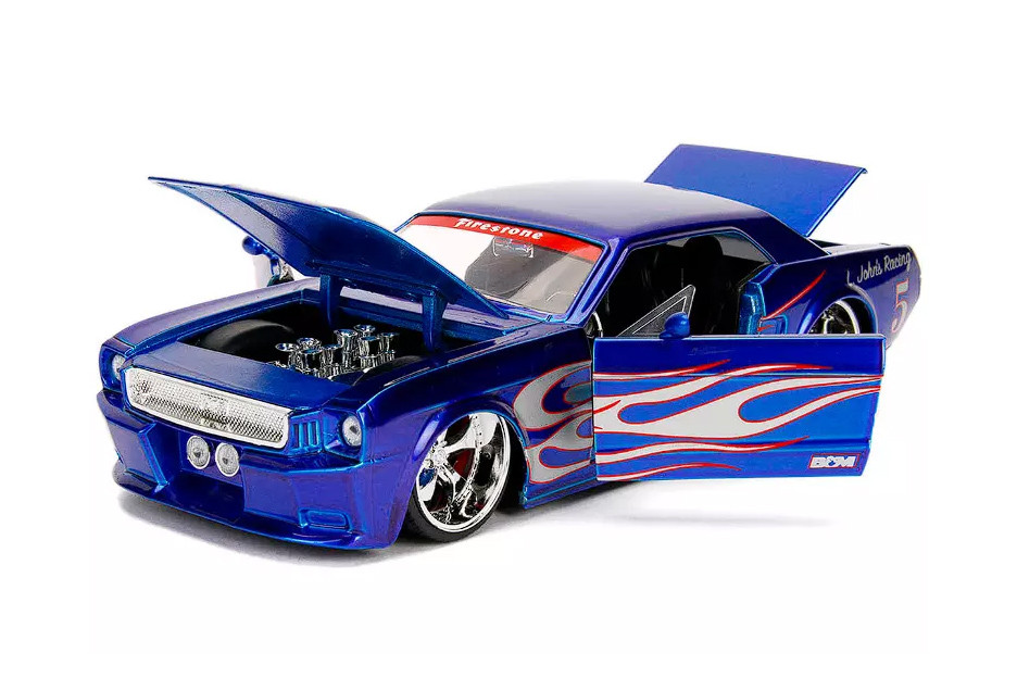 1965 Ford Mustang #5 "L. John's Racing", Candy Blue w/Flames - Jada Toys 30527 - 1/24 Scale Diecast Model Toy Car
