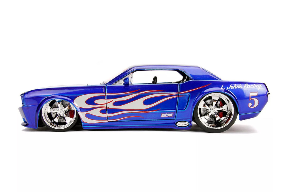 1965 Ford Mustang #5 "L. John's Racing", Candy Blue w/Flames - Jada Toys 30527 - 1/24 Scale Diecast Model Toy Car