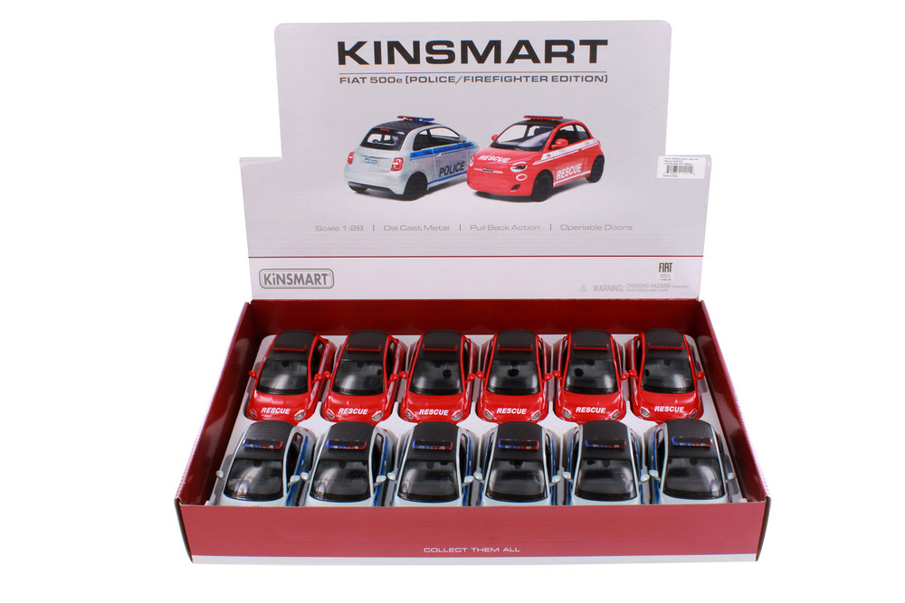 Box of 12 Fiat 500e Police/Rescue Edition, Assorted - Kinsmart