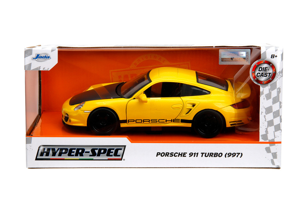 Porsche 911 Turbo (997), Yellow w/Black Hood - Jada Toys 35493 - 1/24 Scale Diecast Model Toy Car