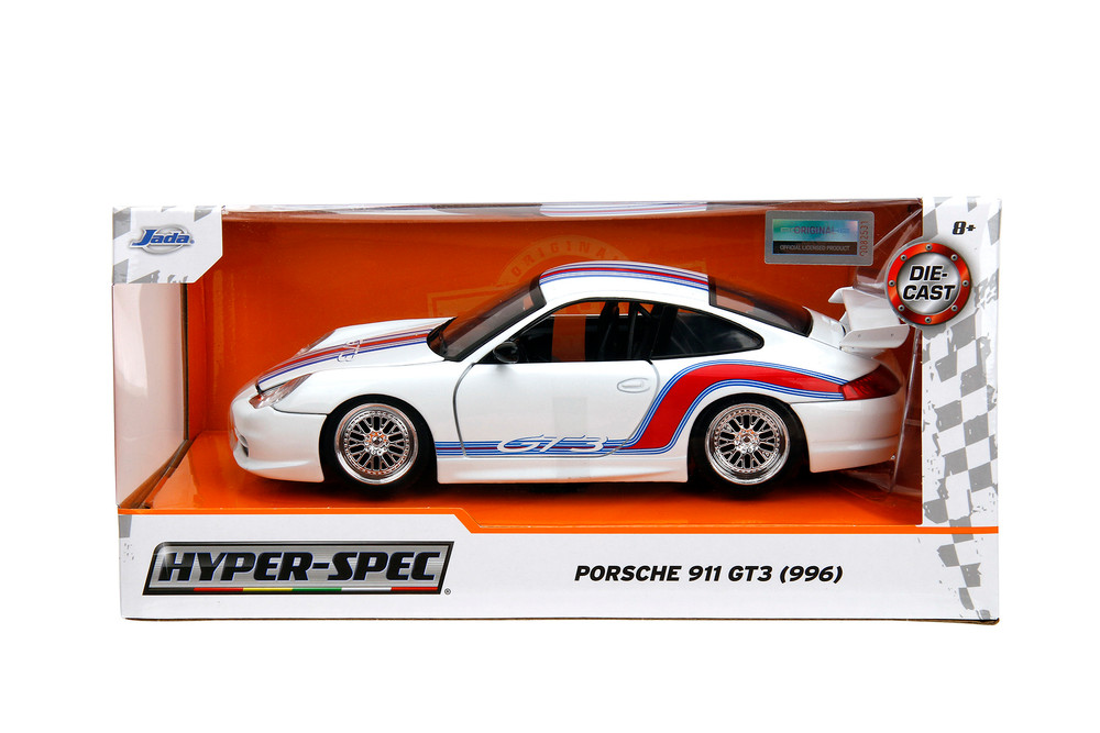 Porsche 911 GT3 (996), White w/Red & Blue Stripes - Jada Toys