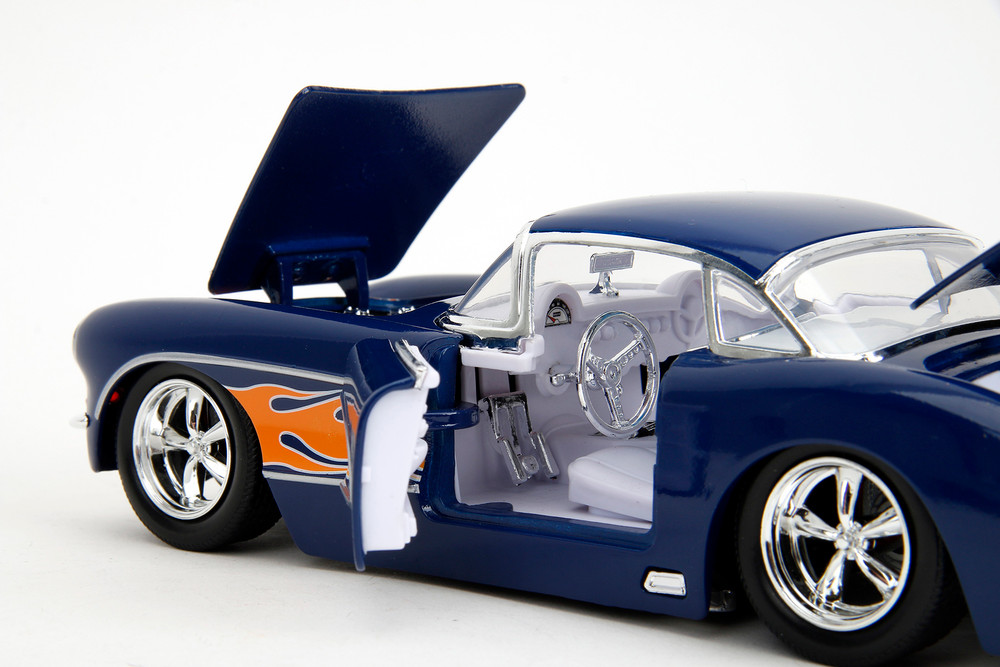 1957 Chevy Corvette Hardtop, Blue w/Flames - Jada Toys 35031 - 1/24 Scale Diecast Model Toy Car