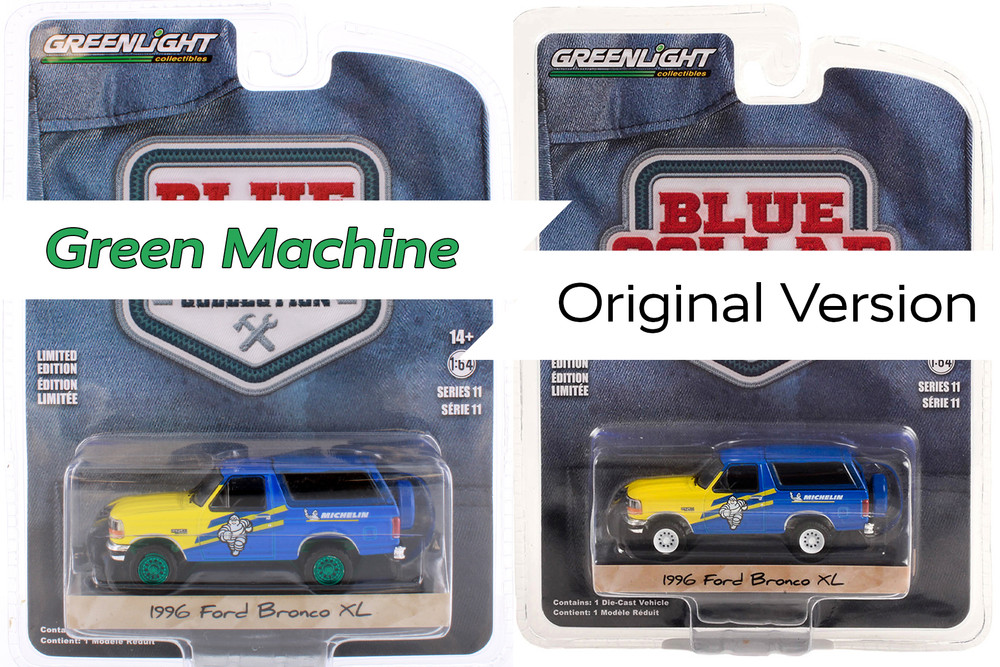 GREEN MACHINE 1996 Ford Bronco XL, Michelin Tires - Greenlight 35240D/48 - 1/64 Scale Diecast Model Toy Car