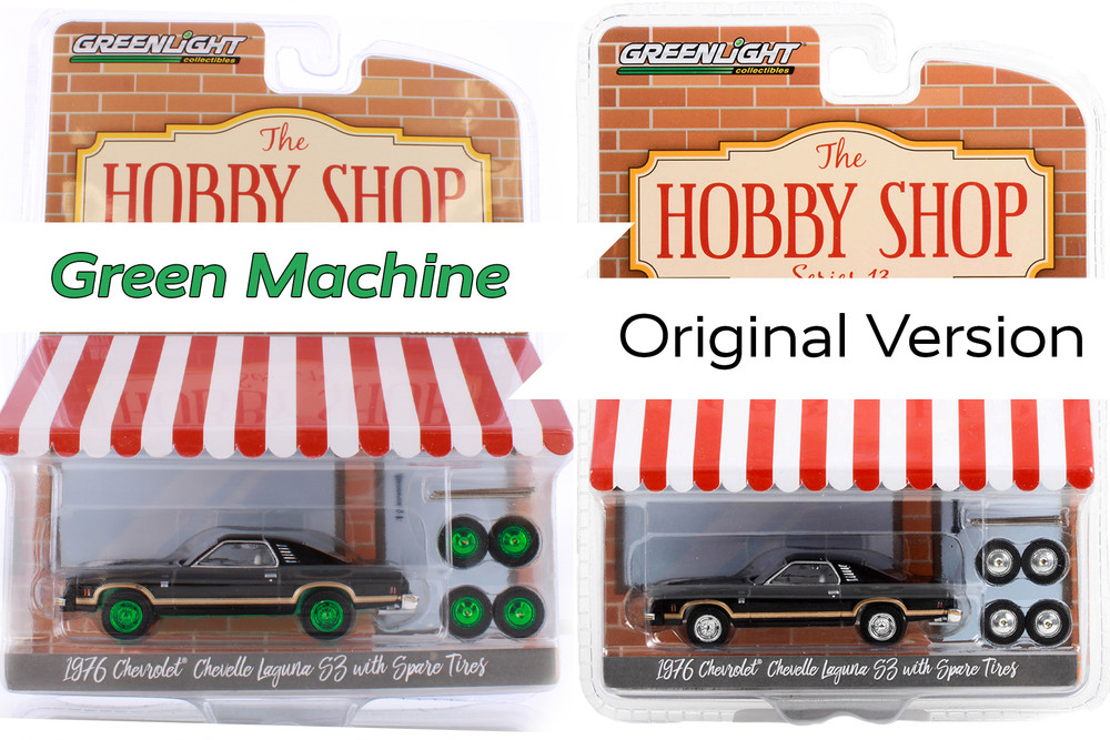GREEN MACHINE 1976 Chevy Chevelle Laguna S2 w/ Spare Tires, Black - Greenlight 97130B - 1/64 scale Diecast Car