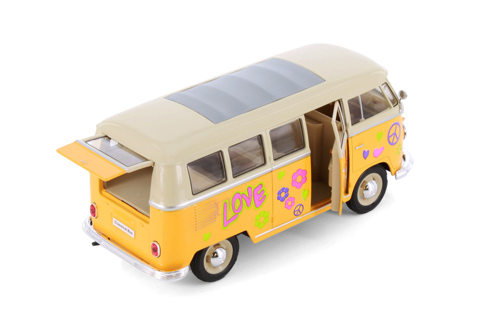 1963 Volkswagen Classical T1 Bus w/Love/Peace Decals, Yellow - Welly 22095A3/4D - 1/24 Scale Diecast Model Car